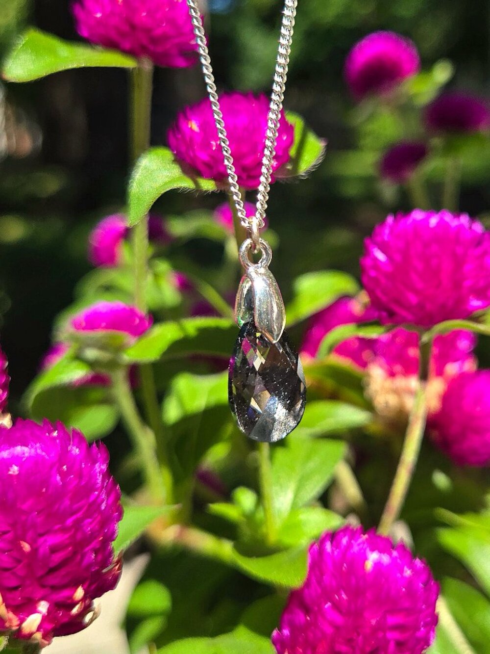 Dainty Silver Smoky Gray Crystal Teardrop Pendant Necklace - Non Tarnish